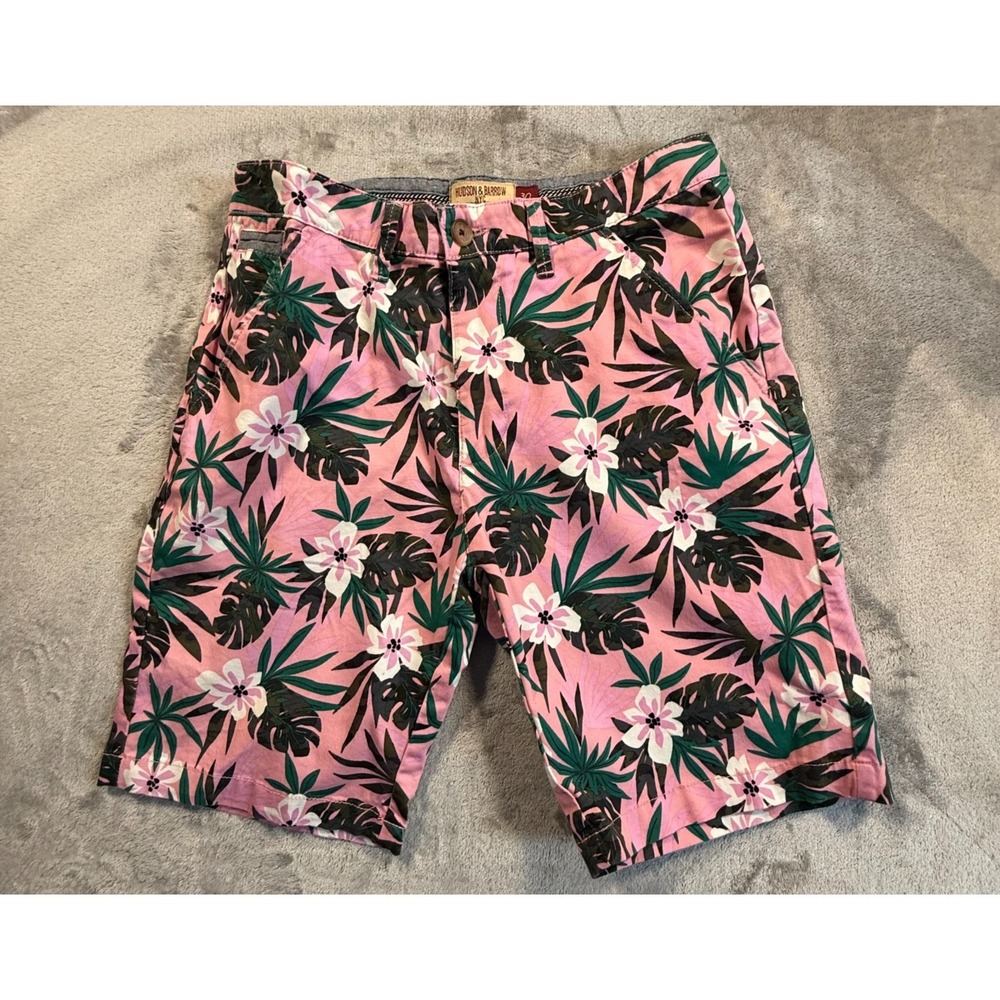 Johnson & Barrow Men's Pink Tropical Floral Chino Shorts Size 30 Stretch Hawaiia